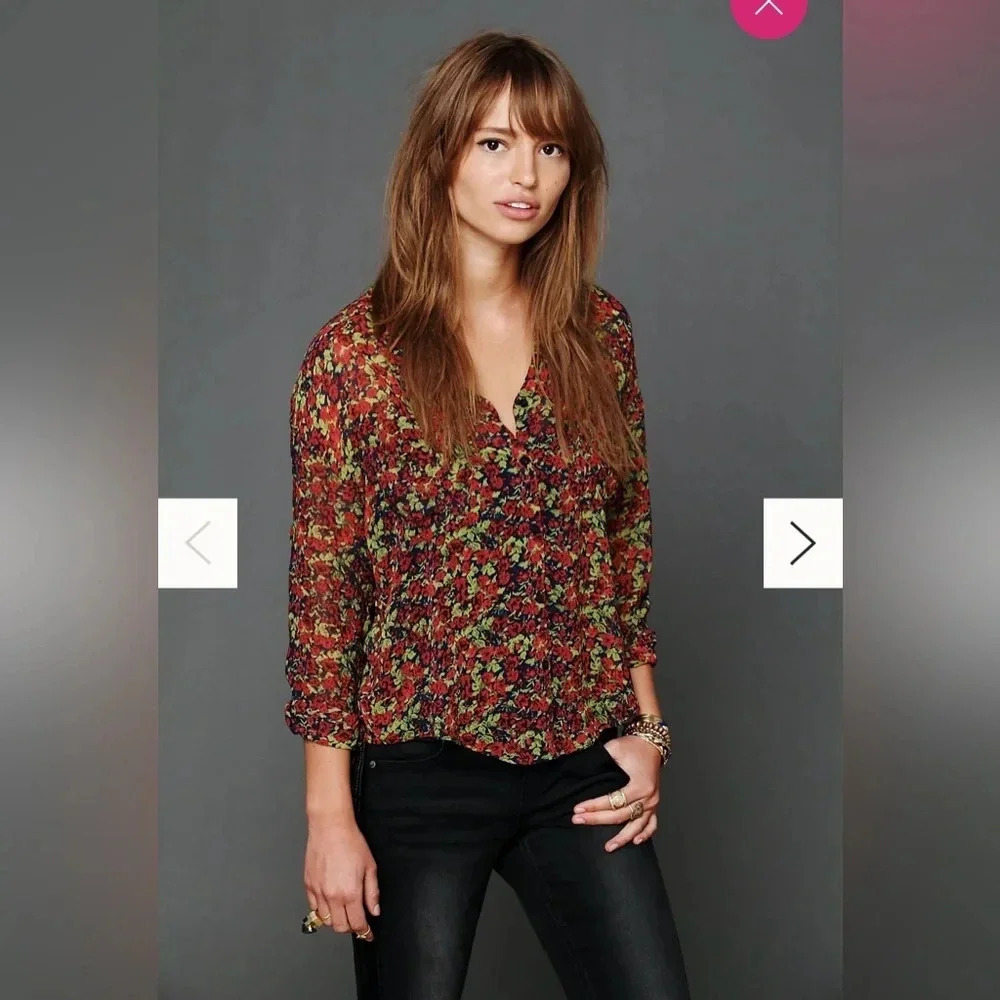 FREE PEOPLE‎ Easy Rider Floral Sheer Button Down Blouse Women’s Size M